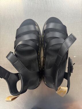 Dr. Martens Black Leather Strappy Platform Sandals with Yellow Stitching